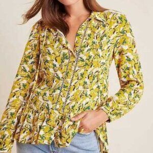 ANTHROPOLOGIE MAEVE Janie rabbit print blouse with peplum and lace